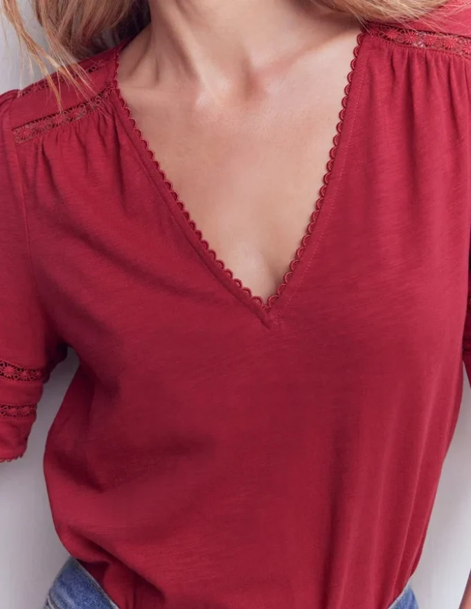 Poppy Trim V Neck T-Shirt Terracotta Red
