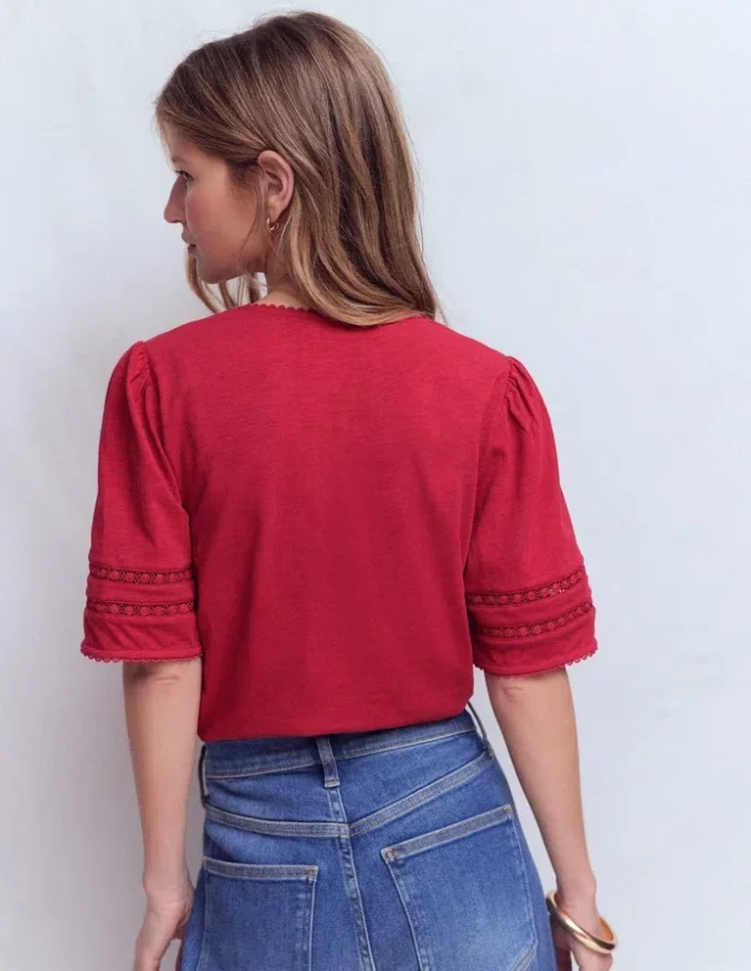 Poppy Trim V Neck T-Shirt Terracotta Red