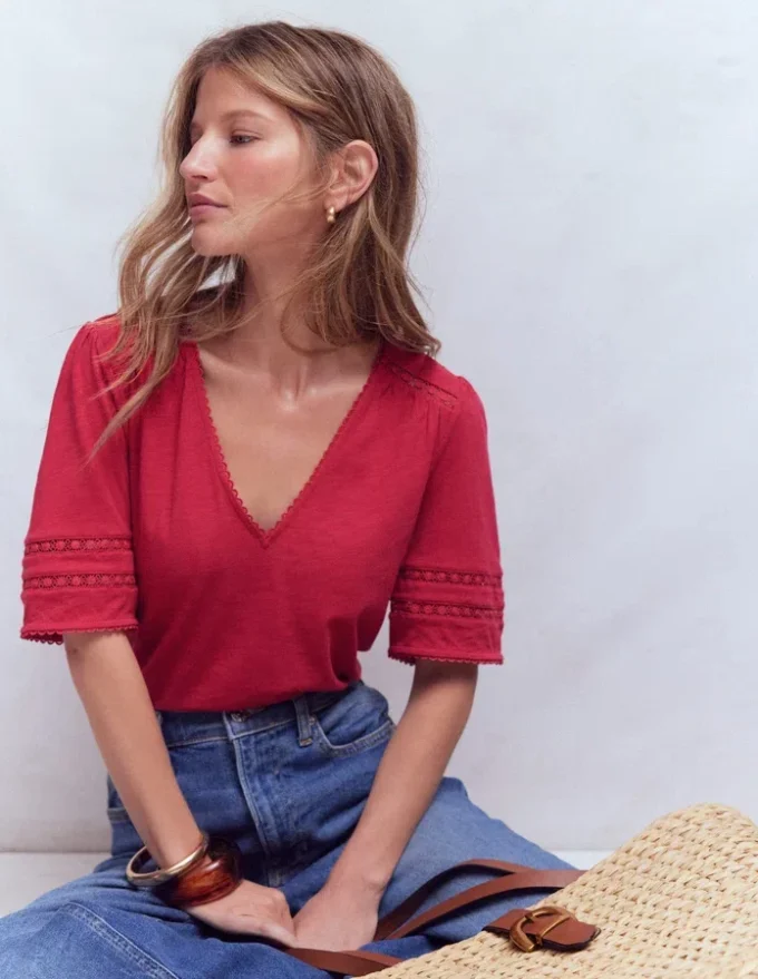 Poppy Trim V Neck T-Shirt Terracotta Red