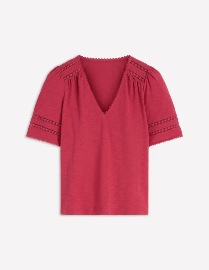 Poppy Trim V Neck T-Shirt Terracotta Red