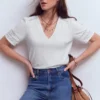 Poppy Trim V Neck T-Shirt White Poppy Trim V Neck T-Shirt White