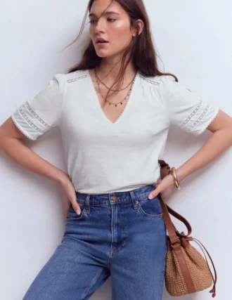 Poppy Trim V Neck T-Shirt White