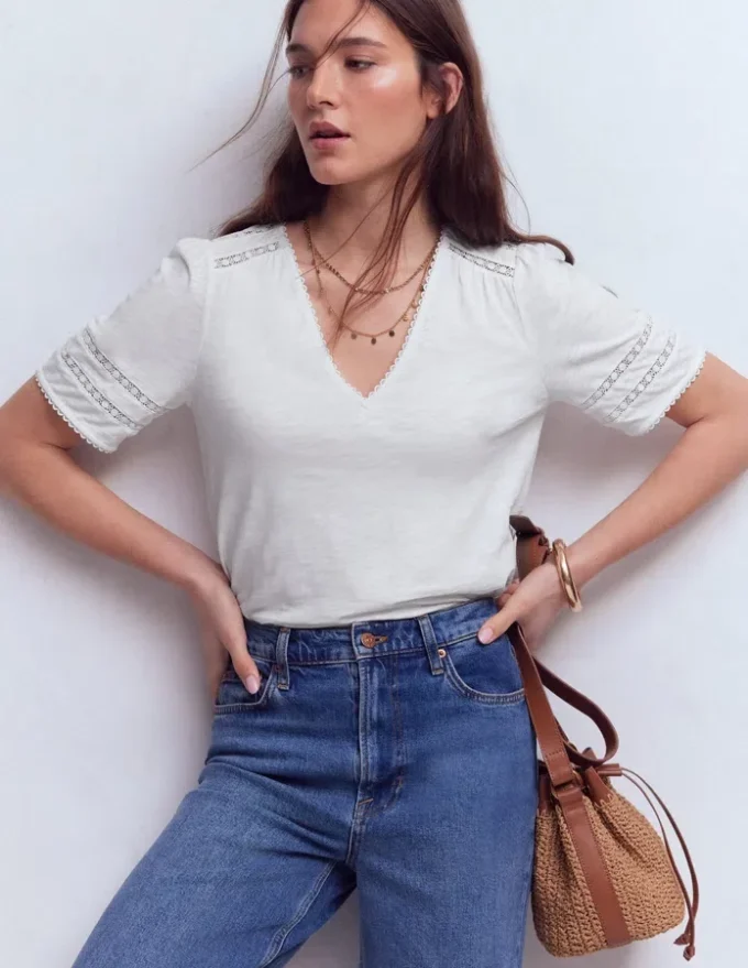 Poppy Trim V Neck T-Shirt White Poppy Trim V Neck T-Shirt White
