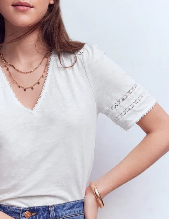 Poppy Trim V Neck T-Shirt White Poppy Trim V Neck T-Shirt White