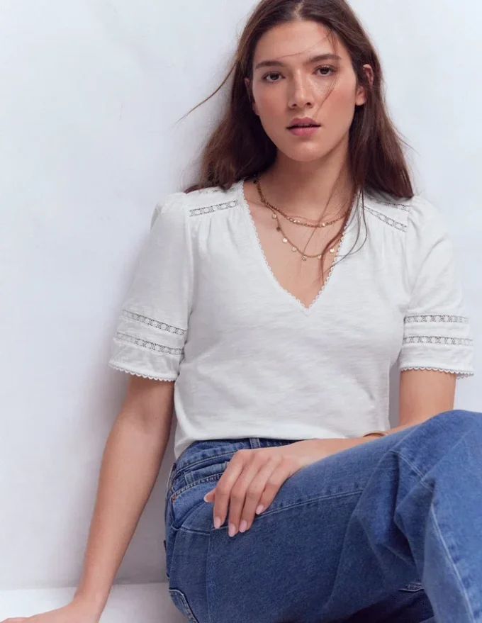Poppy Trim V Neck T-Shirt White Poppy Trim V Neck T-Shirt White