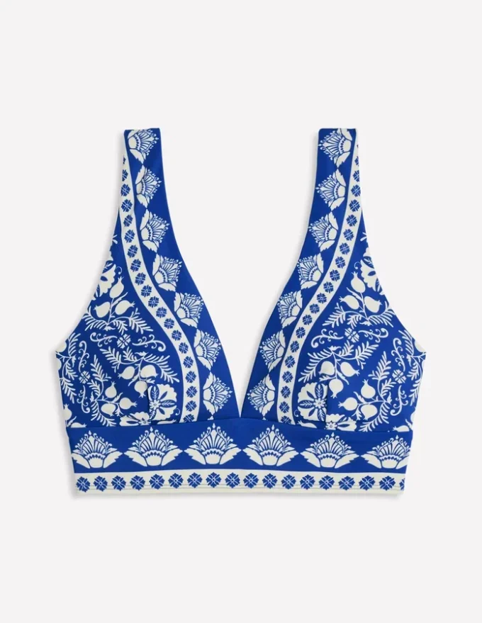 Porto V-neck Bikini Top Bright Blue, Ornate Stripe