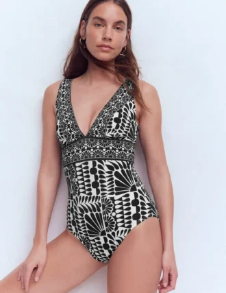 Porto V-neck Swimsuit Black, Geo Stamp