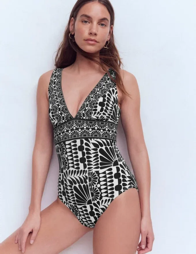 Porto V-neck Swimsuit Black, Geo Stamp Porto V-neck Swimsuit Black, Geo Stamp