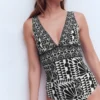 Porto V-neck Swimsuit Black, Geo Stamp Porto V-neck Swimsuit Black, Geo Stamp