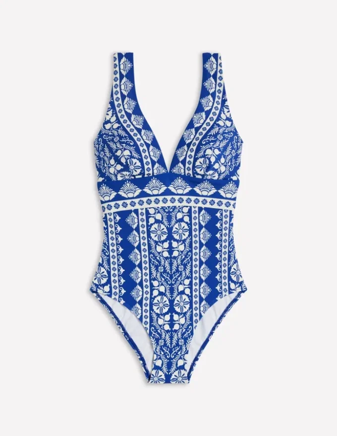 Porto V-neck Swimsuit Bright Blue, Ornate Stripe
