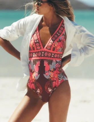 Porto V-neck Swimsuit Chocberry, Tropical Safari