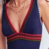 Porto V-neck Swimsuit Navy, Embroidery Porto V-neck Swimsuit Navy, Embroidery