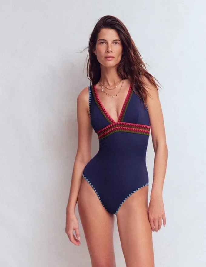 Porto V-neck Swimsuit Navy, Embroidery Porto V-neck Swimsuit Navy, Embroidery