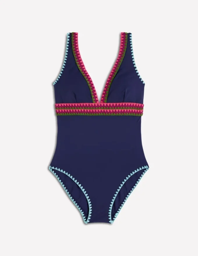 Porto V-neck Swimsuit Navy, Embroidery Porto V-neck Swimsuit Navy, Embroidery