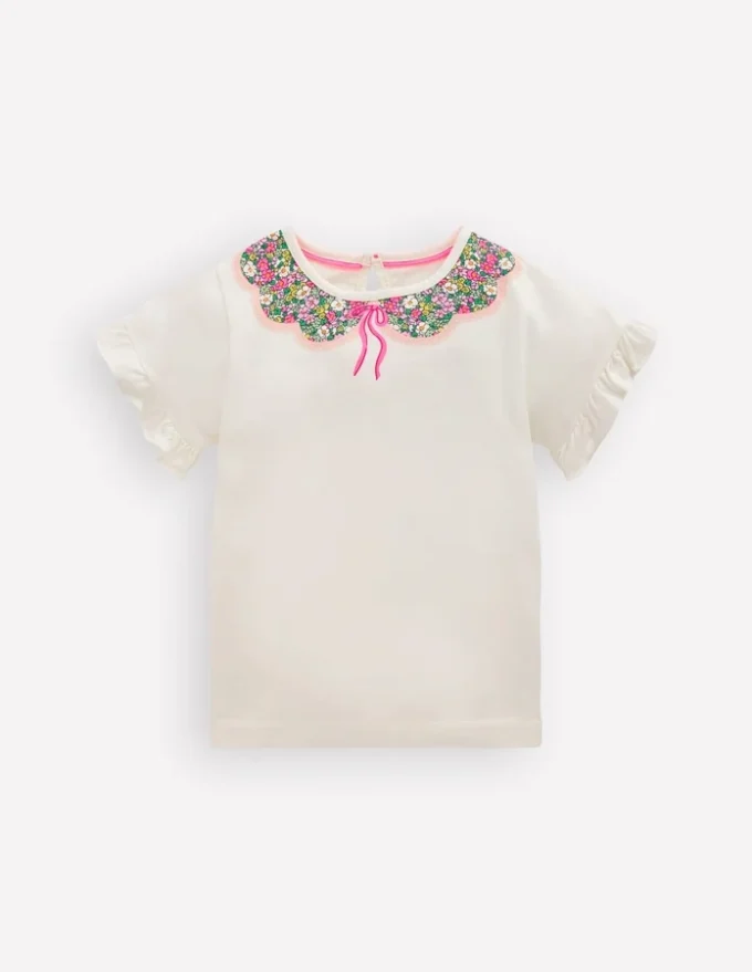 Pretty Frill T-shirt Ivory Printed Collar