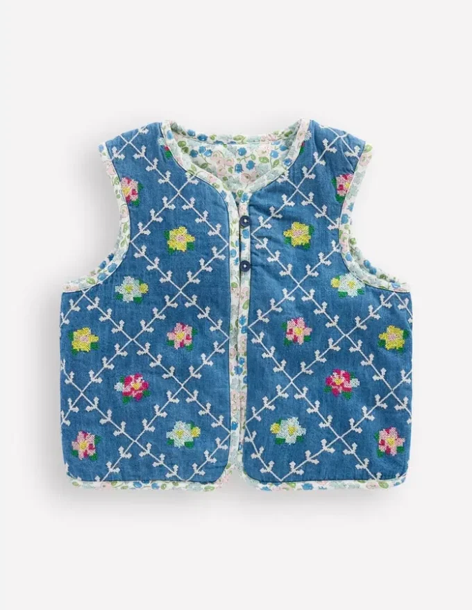 Pretty Quilted Gilet Embroidered Denim