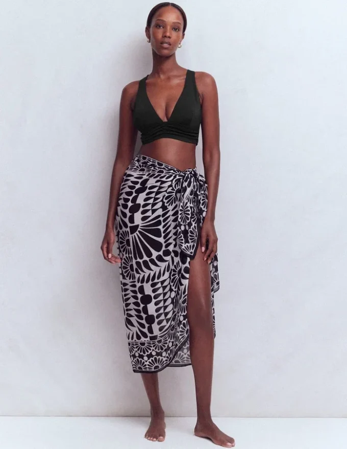 Printed Sarong Scarf Black, Geo Stamp Printed Sarong Scarf Black, Geo Stamp
