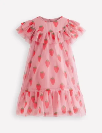 Printed Tulle Dress Vintage Pink Strawberry Stamp