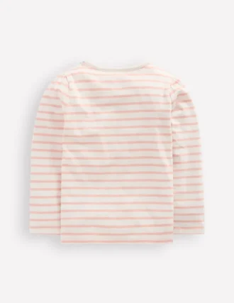 Puff Sleeve Appliqué T-shirt Lotus Necklace Stripe