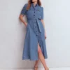 Puff Sleeve Denim Shirt Dress Mid Vintage Puff Sleeve Denim Shirt Dress Mid Vintage