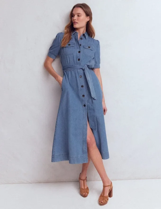 Puff Sleeve Denim Shirt Dress Mid Vintage Puff Sleeve Denim Shirt Dress Mid Vintage