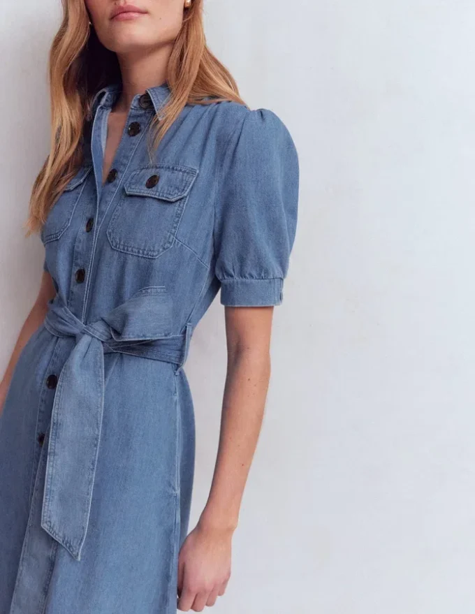 Puff Sleeve Denim Shirt Dress Mid Vintage Puff Sleeve Denim Shirt Dress Mid Vintage