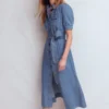 Puff Sleeve Denim Shirt Dress Mid Vintage Puff Sleeve Denim Shirt Dress Mid Vintage