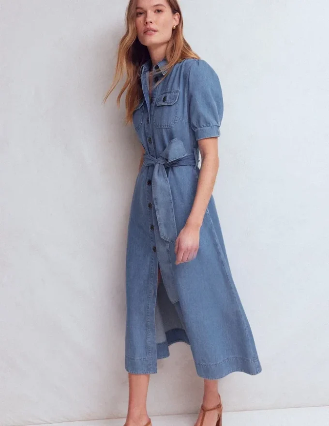 Puff Sleeve Denim Shirt Dress Mid Vintage Puff Sleeve Denim Shirt Dress Mid Vintage