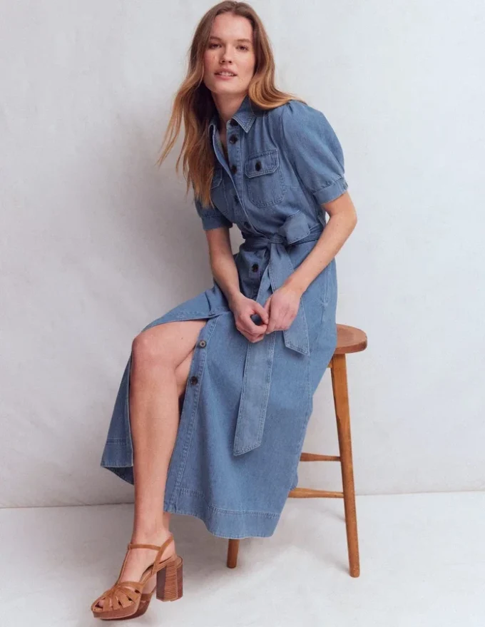 Puff Sleeve Denim Shirt Dress Mid Vintage Puff Sleeve Denim Shirt Dress Mid Vintage