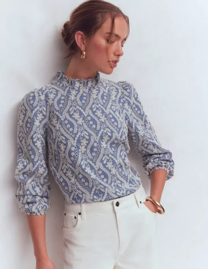 Puff Sleeve Interest Top Blue and Ivory Broderie Puff Sleeve Interest Top Blue and Ivory Broderie