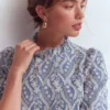 Puff Sleeve Interest Top Blue and Ivory Broderie Puff Sleeve Interest Top Blue and Ivory Broderie