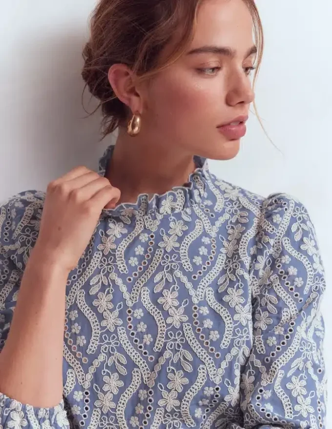 Puff Sleeve Interest Top Blue and Ivory Broderie Puff Sleeve Interest Top Blue and Ivory Broderie