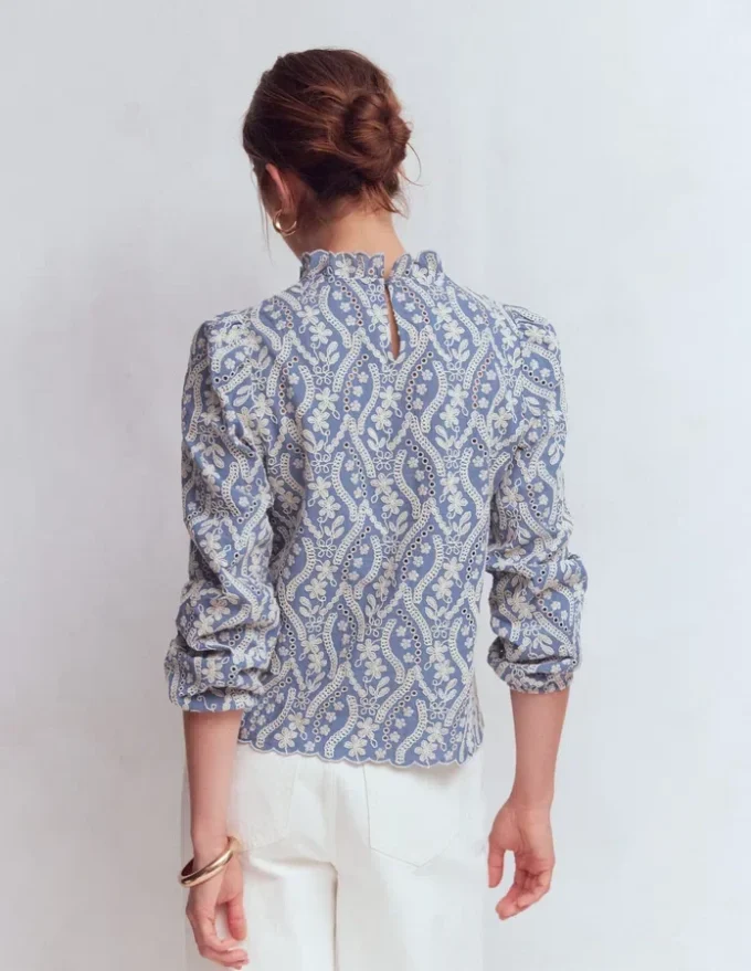Puff Sleeve Interest Top Blue and Ivory Broderie Puff Sleeve Interest Top Blue and Ivory Broderie