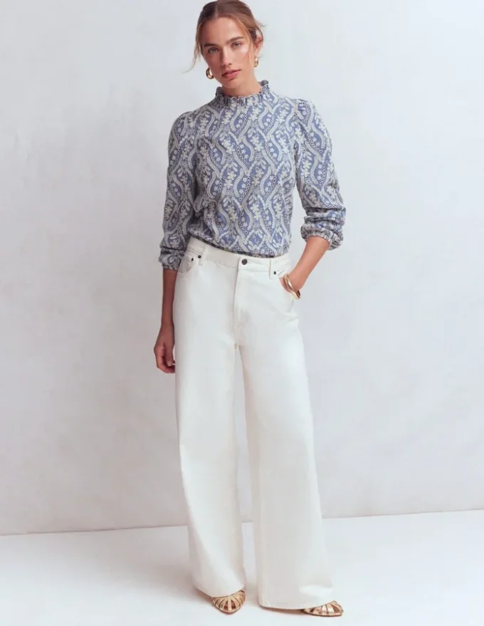 Puff Sleeve Interest Top Blue and Ivory Broderie Puff Sleeve Interest Top Blue and Ivory Broderie