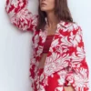 Puff Sleeve Linen Shirt Merida Red, Botanical Flourish Puff Sleeve Linen Shirt Merida Red, Botanical Flourish