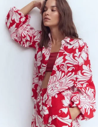 Puff Sleeve Linen Shirt Merida Red, Botanical Flourish
