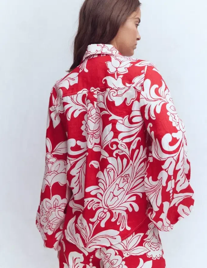 Puff Sleeve Linen Shirt Merida Red, Botanical Flourish Puff Sleeve Linen Shirt Merida Red, Botanical Flourish
