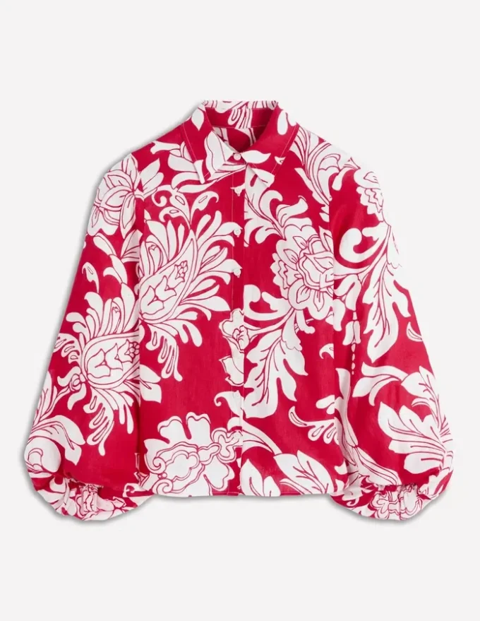 Puff Sleeve Linen Shirt Merida Red, Botanical Flourish Puff Sleeve Linen Shirt Merida Red, Botanical Flourish