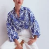 Puff Sleeve Linen Shirt Sapphire Blue, Tigers Paradise Puff Sleeve Linen Shirt Sapphire Blue, Tigers Paradise
