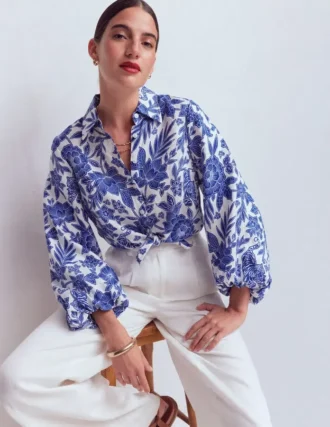 Puff Sleeve Linen Shirt Sapphire Blue, Tigers Paradise