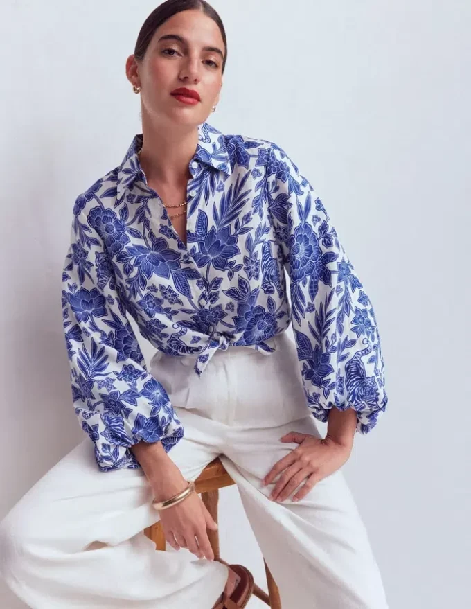 Puff Sleeve Linen Shirt Sapphire Blue, Tigers Paradise Puff Sleeve Linen Shirt Sapphire Blue, Tigers Paradise