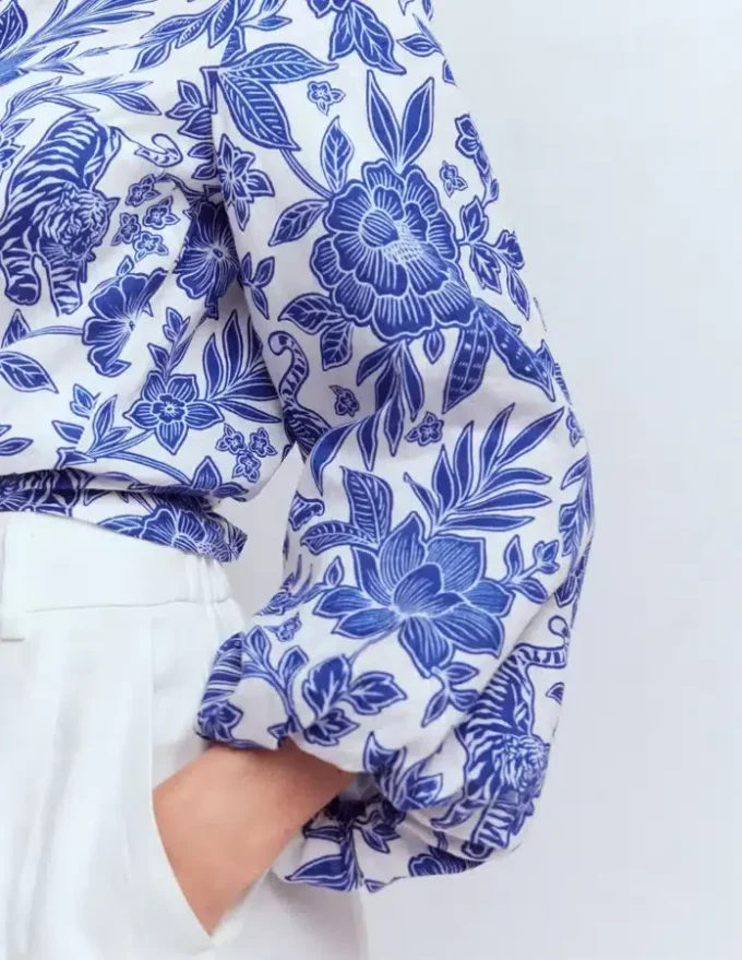 Puff Sleeve Linen Shirt Sapphire Blue, Tigers Paradise Puff Sleeve Linen Shirt Sapphire Blue, Tigers Paradise