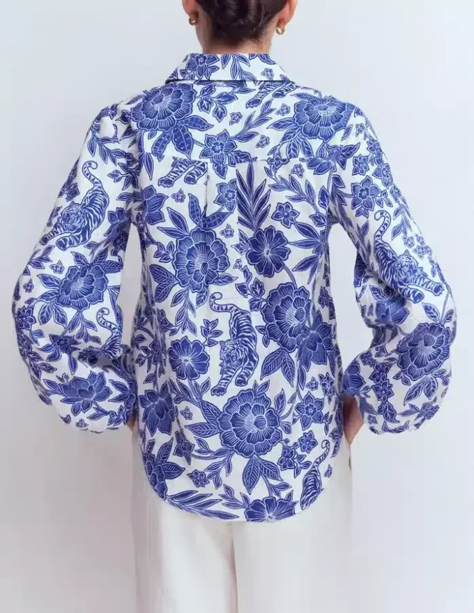 Puff Sleeve Linen Shirt Sapphire Blue, Tigers Paradise Puff Sleeve Linen Shirt Sapphire Blue, Tigers Paradise