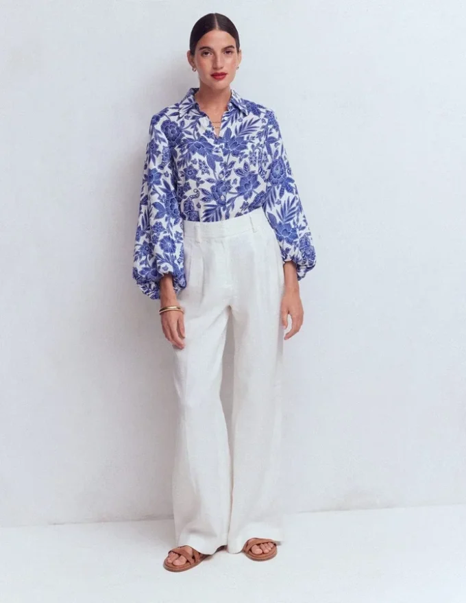 Puff Sleeve Linen Shirt Sapphire Blue, Tigers Paradise Puff Sleeve Linen Shirt Sapphire Blue, Tigers Paradise