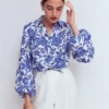 Puff Sleeve Linen Shirt Sapphire Blue, Tigers Paradise Puff Sleeve Linen Shirt Sapphire Blue, Tigers Paradise