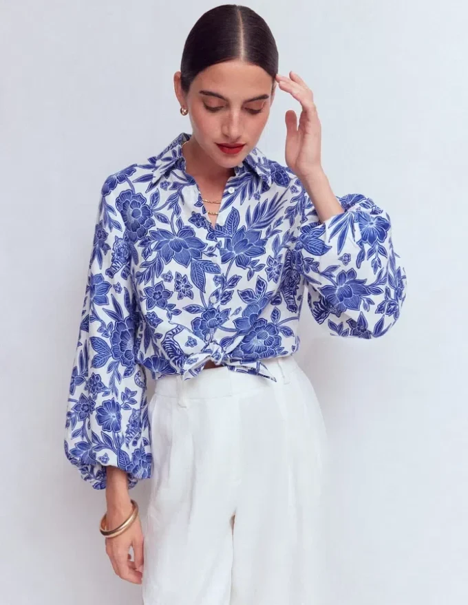 Puff Sleeve Linen Shirt Sapphire Blue, Tigers Paradise Puff Sleeve Linen Shirt Sapphire Blue, Tigers Paradise