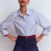 Puff Sleeve Oxford Shirt Navy, Ivory Stripe Puff Sleeve Oxford Shirt Navy, Ivory Stripe