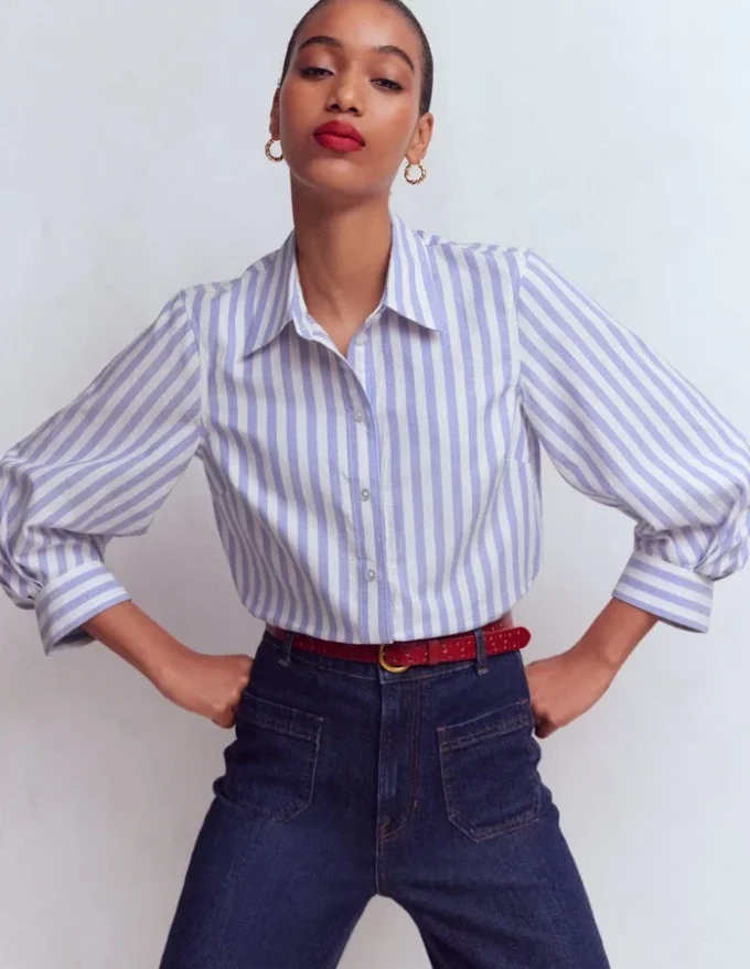Puff Sleeve Oxford Shirt Navy, Ivory Stripe Puff Sleeve Oxford Shirt Navy, Ivory Stripe