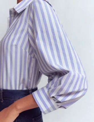 Puff Sleeve Oxford Shirt Navy, Ivory Stripe