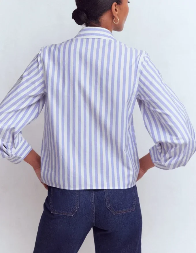 Puff Sleeve Oxford Shirt Navy, Ivory Stripe Puff Sleeve Oxford Shirt Navy, Ivory Stripe
